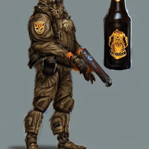 Image similar to a humanoid german shepherd beast - man in military style, holding a bottle of beer, artstation, concept art, smooth, sharp foccus ilustration, artstation