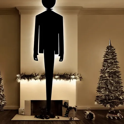 Image similar to slender man creeping at night, dark image, horror, Christmas tree with lights, fireplace in background, inside living room. Dark spect, 4k realistic