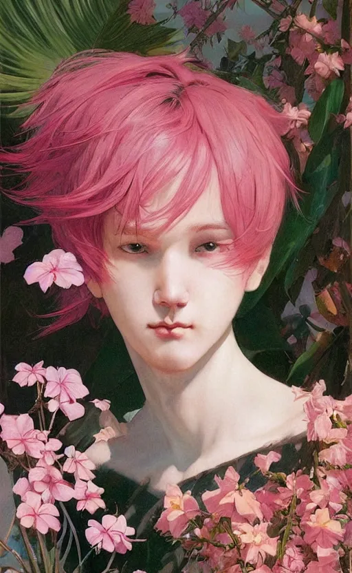 Prompt: androgynous cute pink haired yoongi wearing greek clothes, muted colors, colorful flowers, tropical, sunlight filtering through skin, dynamic hair movement, dynamic pose, glowing butterflies, j. c leyendecker, by alan lee, wlop! illustrated by starember, fantasy art by craig mullins cfg _ scale 8