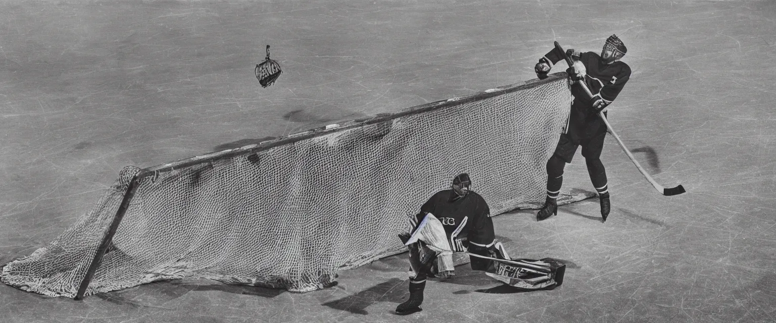 Image similar to detailed sharp photograph in the style of popular science circa 1 9 5 5 of a goalie at his net in a hockey game