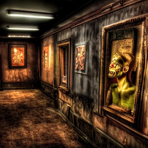 Prompt: Creepy Dimly Lit Run Down Wax Museum Gallery Display HDR