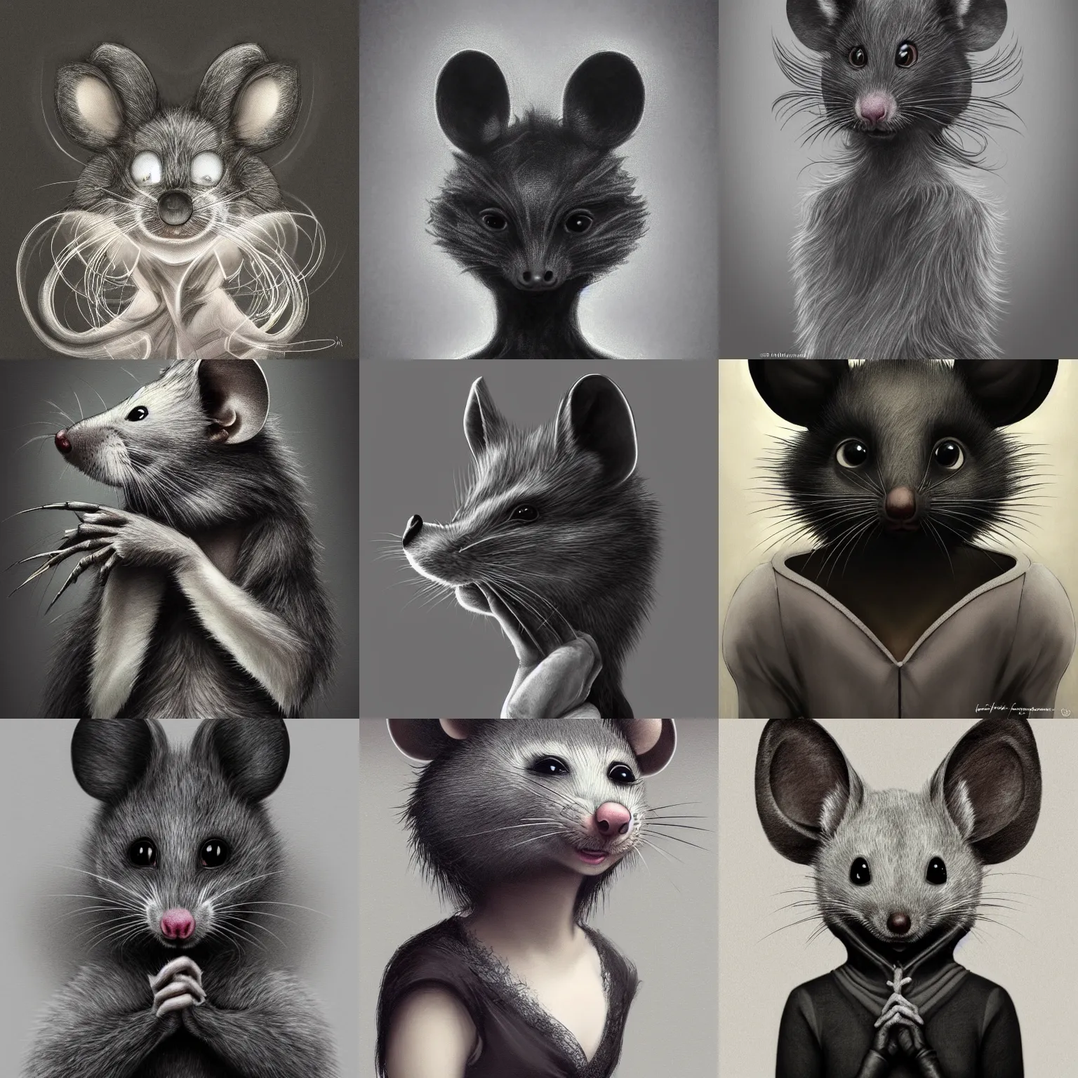 Image similar to a photograpic portrait of a anthropomorphic grey mouse wearing black clothes, black hair, grey skin, grey mouse ears, furry character, fursona, fantasy, intricate, elegant, highly detailed, digital painting, artstation, smooth, sharp focus, illustration, art by artgerm and H R Giger and alphonse mucha