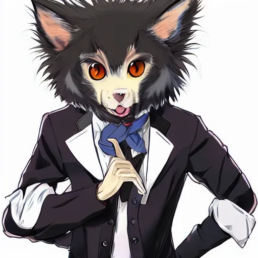 Image similar to key anime visual portrait of an anthropomorphic anthro wolf fursona, in a jacket, with handsome eyes, official modern anime art