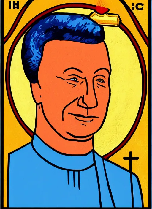 Image similar to president yeltsin with a bottle of vodka, icon with a halo, color art in a church style