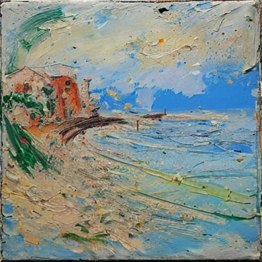 Prompt: oil paint impasto relief, beautiful italian beach scene, multi layered thick brush marks, some splattered paint, in the style of monet and frank auerbach