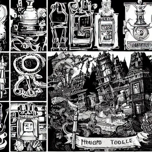 Image similar to collage of ghostbusters tools, dnd, high detail, fantasy, in the style of vintage antique illustration and line drawing or engraving - c 9. 0