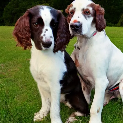 Image similar to a young springer spaniel dog with an old one