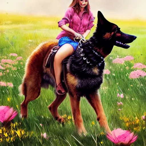 Image similar to girl riding a giant German shepherd in a field of flowers, trending on artstation