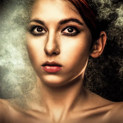 Prompt: a portrait of a beautiful young woman made of smoke and ember, high contrast, hdr