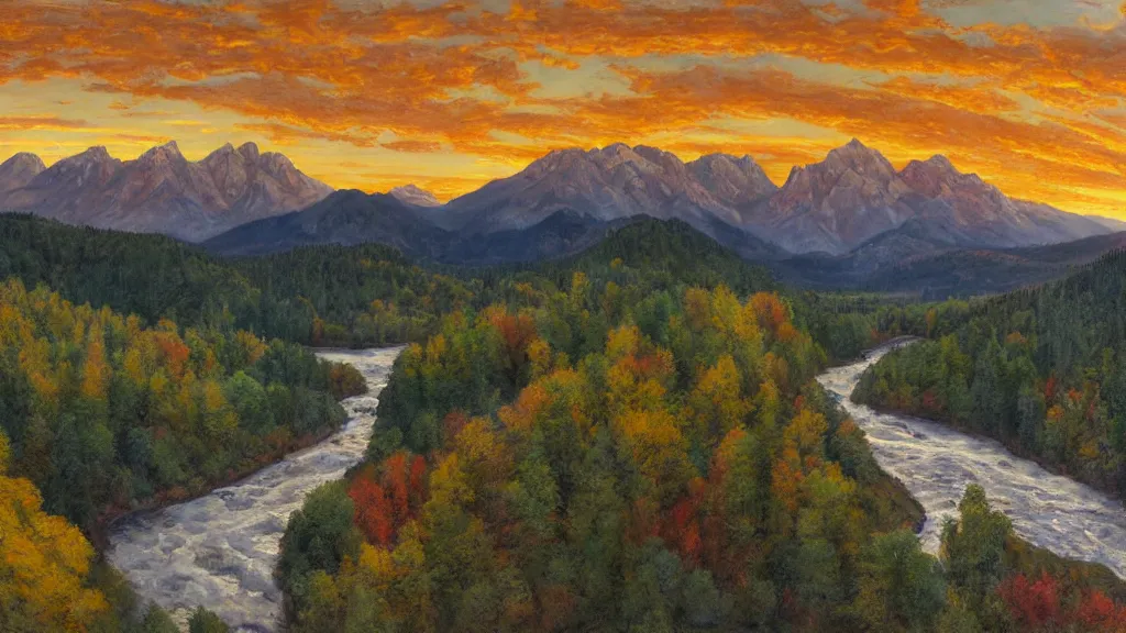 Image similar to The most beautiful panoramic landscape, oil painting, where the mountains are towering over the valley below their peaks shrouded in mist. The sun is just peeking over the horizon producing an awesome flare and the sky is ablaze with warm colors and stratus clouds. The river is winding its way through the valley and the trees are starting to turn yellow and red, by Greg Rutkowski, aerial view