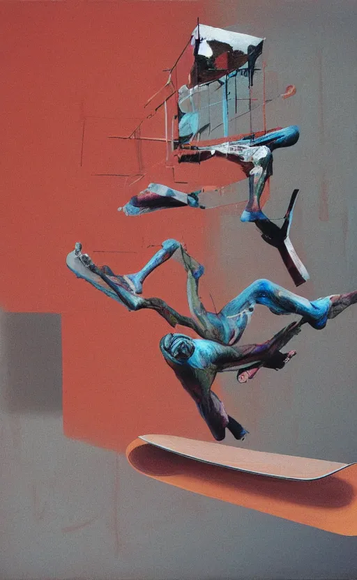 Prompt: an empty room in the style of constructivism, blurred man rides a skateboard through boxes, grotesque, doomed, neural acrylic paint, high resolution, gouache on canvas, ultra detailed, vibrant colors, grotesque, wrapped thermal background, art by francis bacon, beksinski painting