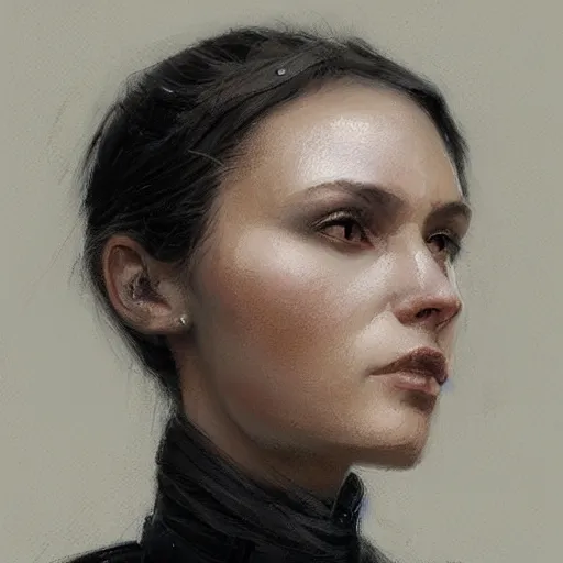 Image similar to Portrait of a woman by Greg Rutkowski, she is about 20 years old, round face, mixture between german and russian, black bob hair, attractive, determined but resentful look, she is wearing futuristic military fatigues with a black scarf, highly detailed portrait, scifi, digital painting, artstation, concept art, smooth, sharp foccus ilustration, Artstation HQ.