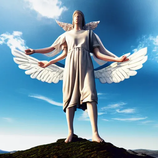 Prompt: gigantic biblical depiction of an angel towering over a vast landscape, cinematic, realistic, geometric body, photorealistic, detailed, white body, global illumination, volumetric lighting, 8 k, god rays, beautiful, majestic clouds, soft colors, heavenly lighting