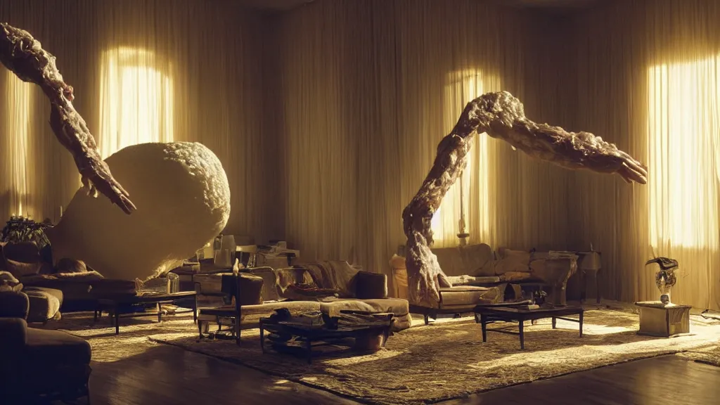 Image similar to a giant hand made of wax and water floats through the living room, film still from the movie directed by Denis Villeneuve with art direction by Salvador Dalí, wide lens