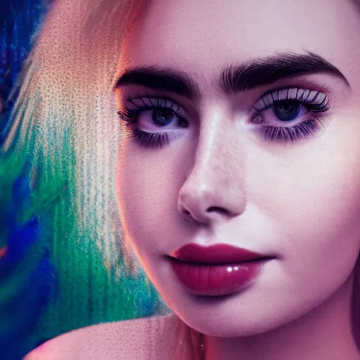 Prompt: portrait of a beautiful blonde girl lily collins, floating under the deep dream water, beautiful smooth soft light + white petal, by personal photography, art by brookskim, closeup, 4 k, highly detailed, instagram,