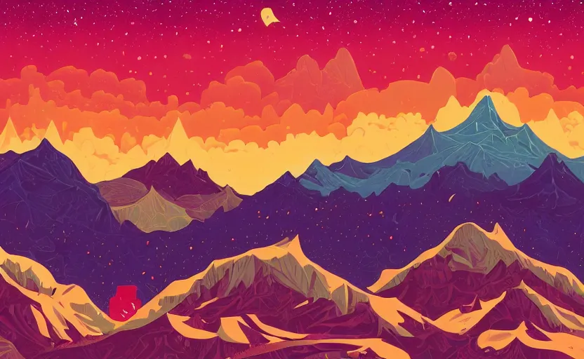 Image similar to mountains, stars and paisley filled sky, artstation, intricate, highly detailed, digital painting, concept art, sharp focus, illustration by tom whalen and charles williams and kilian eng and james jean