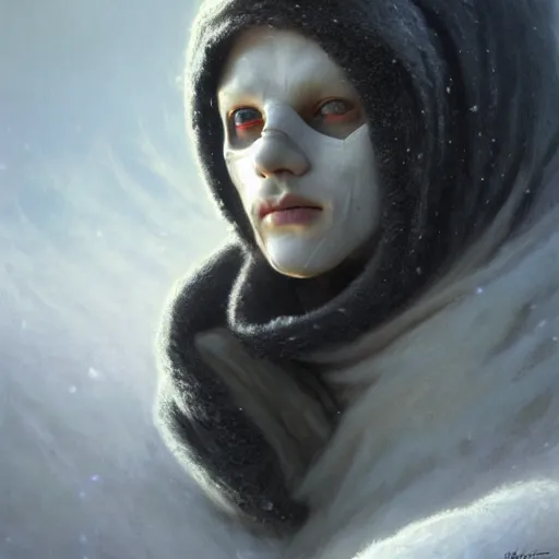 Image similar to an epic concept art of young man wearing black fabric mask, albino skin, winter vibes, elegant, very coherent symmetrical artwork, by tomasz alen kopera and alphonse mucha, sharp focus, octane render, unreal 5, trending on artstation