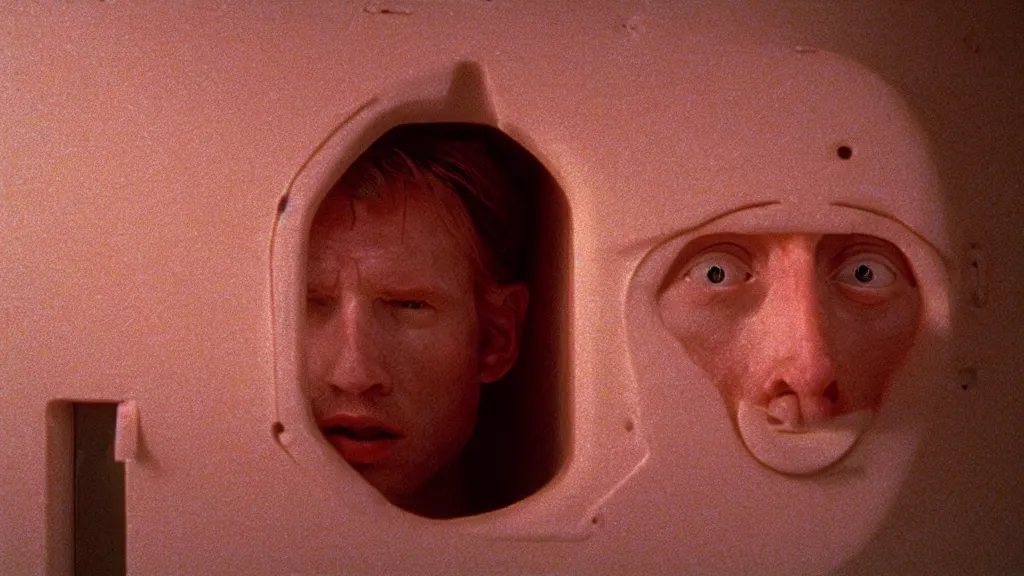 Image similar to the giant head waits in our freezer, film still from the movie directed by Wes Anderson with art direction by Zdzisław Beksiński, wide lens