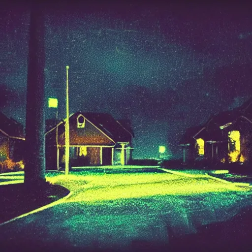Prompt: low quality cellphone photograph footage of an empty dark suburban neighborhood at night, liminal space, eerie horror mood, chromatic aberration, jpeg artifact