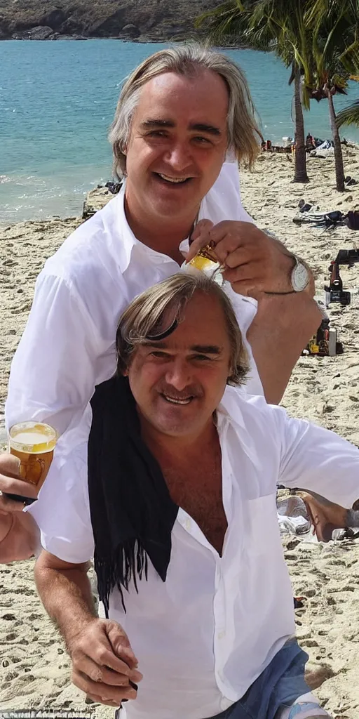 Prompt: Braco the gazer wearing a white shirt is on the beach with a different man who looks like john belushi, they are both not wearing sunglasses, smiling, holding beer bottles