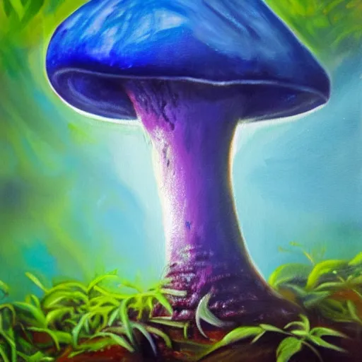 Image similar to A huge glowing blue mushroom inside a rainforest, oil painting, hyperrealism