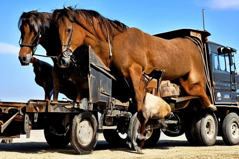 Image similar to dump truck with the body of a horse, photograph,