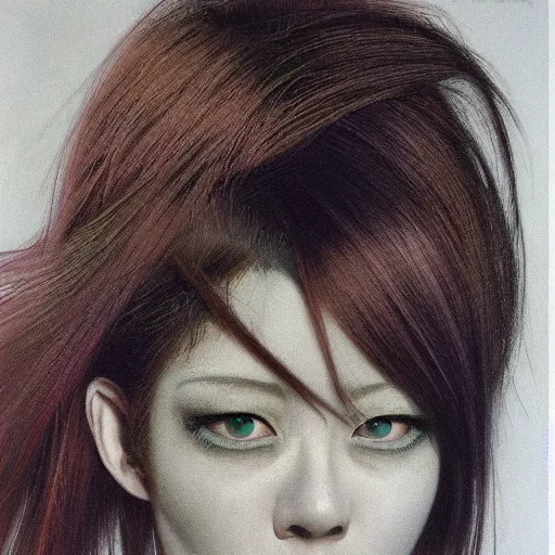 Image similar to A young woman with dyed hair hair looking disgusted away from the camera, Punk, Portrait by Noriyoshi Ohrai