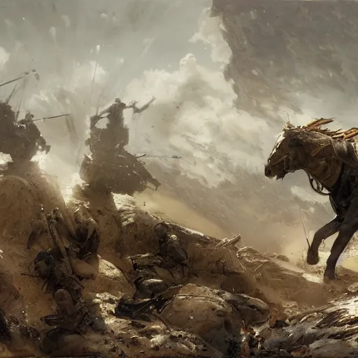 Image similar to battle horse in war, battle field snapshot, muscular, high details, war equipments, dnd, painting by gaston bussiere, craig mullins, greg rutkowski, yoji shinkawa