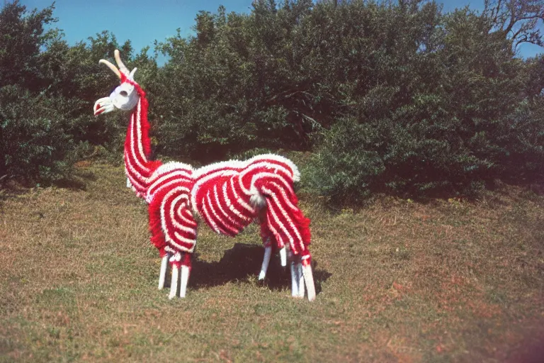 Image similar to a photo of a giant mutant candy cane llama in its natural habitat, kodak ektachrome e 1 0 0 photography