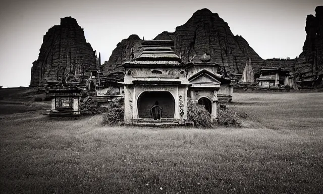 Image similar to a outside temple full of dark evil idol, landscape photograph taken by giger and beksinski and chaos and midnight sun and death fog