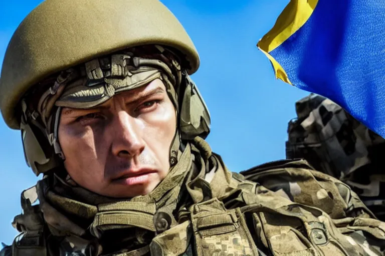 Image similar to promotional image of <Ukrainian fully equiped soldier with blue and yellow flag> as <Professional soldiers> in the new movie directed by <Tetsuya Nomura>, <fully equiped professional soldiers>, detailed face, movie still frame, promotional image, imax 70 mm footage