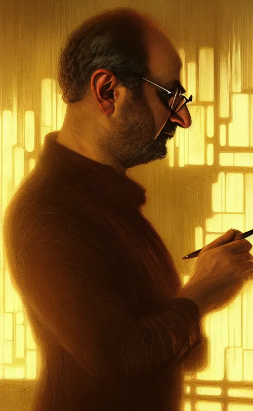 Image similar to portrait of salman rushdie writing in the dark, deep focus, blade runner 2 0 4 9, fantasy, intricate, elegant, highly detailed, digital painting, artstation, concept art, matte, sharp focus, illustration, art by artgerm and greg rutkowski and alphonse mucha