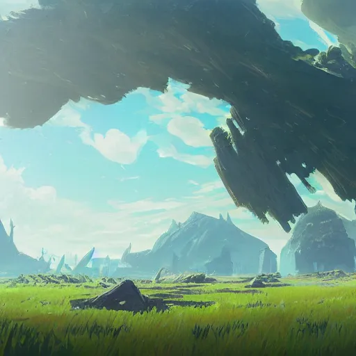 Prompt: the remains of a deserted lush field planet. clean sharp digital art, environment concept art, by rossdraws, ghibli, breath of the wild, greg rutkowski