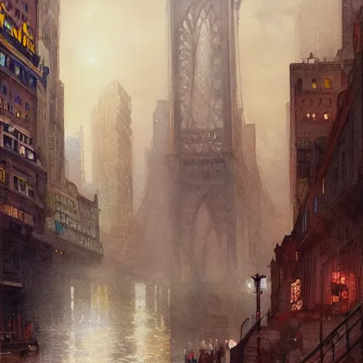 Prompt: a beautifull intricate watercolour painting of a new york city scene, reflexions, verry high details by william turner art, greg rutkowski and alphonse mucha, trending on artstation, very very detailed, masterpiece, muted colors