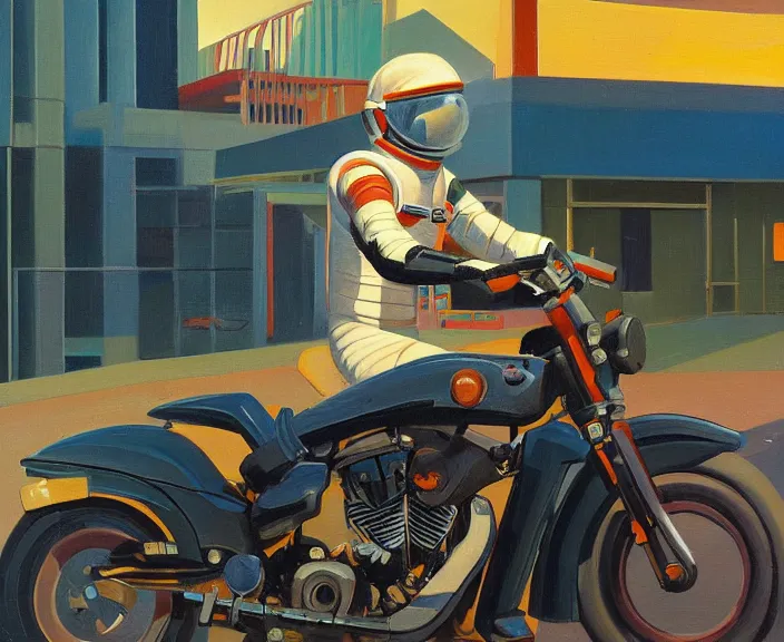 Image similar to a very detailed painting of a astronaut wearing a suit, riding a motorbike down a street, harley davidson motorbike, worm's - eye view, very fine brush strokes, very aesthetic, very futuristic, in the style of edward hopper and grant wood and syd mead, 4 k,