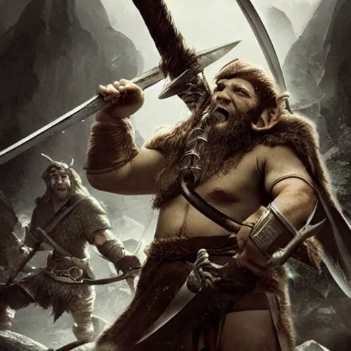 Prompt: epic battle photo of gimli as an elf wielding 2 swords against some orcs