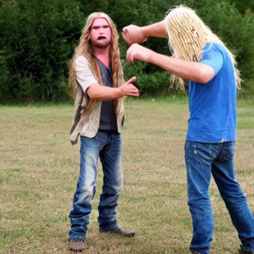 Prompt: long - haired blonde hillbilly fighting a cardboard boxman