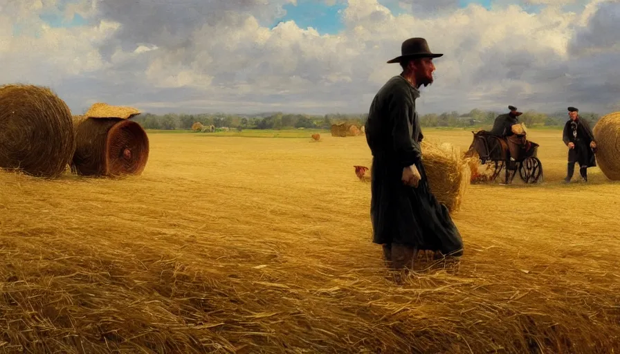 Image similar to simple amish farmers shocking hay in open fields, art by anders zorn, wonderful masterpiece by greg rutkowski, beautiful cinematic light, american romanticism thomas lawrence, greg rutkowski