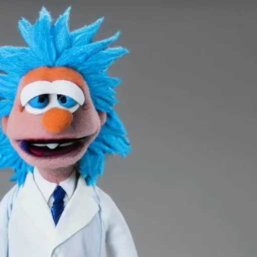 Image similar to rick sanchez with blue hair, wearing a white lab coat as a muppet. hyper real. 4 k. very detailed.