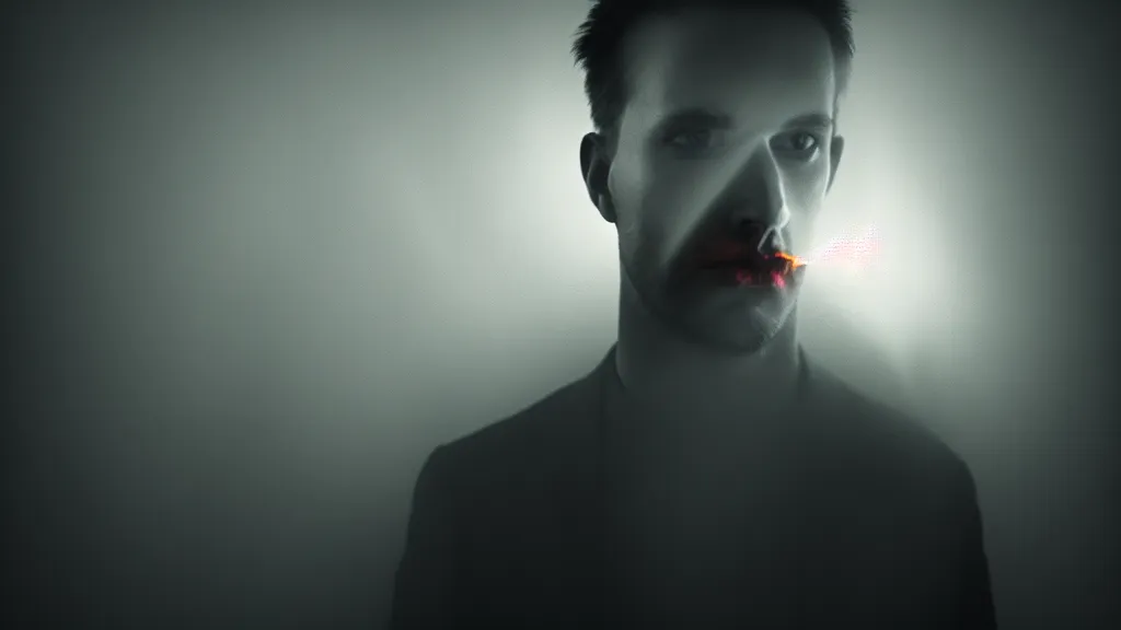 Image similar to portrait of a man a thin glowing smoke enters his head, fog, volumetric lighting, mystique, atmospheric, sharp focus, ultra detailed, noir art house, 4 k, 3 5 mm