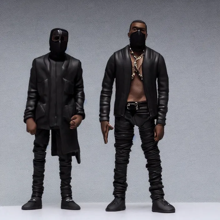 Prompt: kanye west using a black mask with small holes, all black clothes and a black bullet proof vest, a goodsmile figure of kanye west, figurine, detailed product photo
