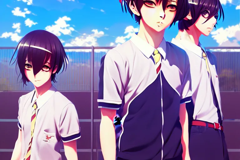 Prompt: boy's love anime high school scene spring setting, high detail concept art, perfect proportions, realistic shaded lighting poster smooth sharp tones, ilya kuvshinov, makoto shinkai, loish and clamp style, trending on art station, best selling