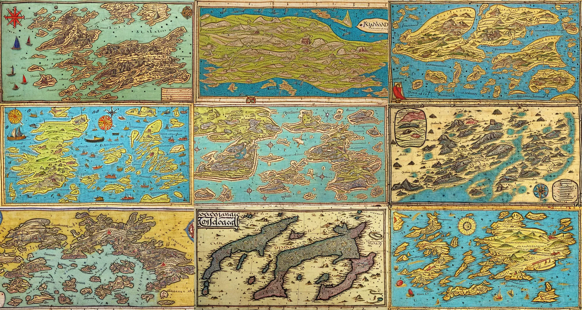 Prompt: a detailed medieval map of the orkney islands in scotland, very colorful, hills, boats, sea monsters, cartography