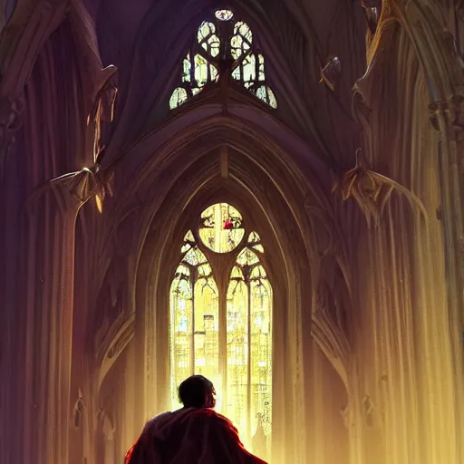 Image similar to angel protecting man who is praying inside a gothic church by Stanley Artgerm Lau, WLOP, Rossdraws, James Jean, Andrei Riabovitchev, Marc Simonetti, Yoshitaka Amano, ArtStation, CGSociety