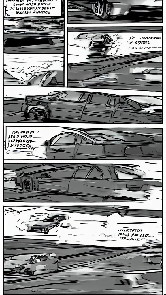 Prompt: comic book style page with three images: one of a car driving at high speed with view from far away on the highway,a second view from behind the wheel of said car, and that last one of the car crashing into a toll station