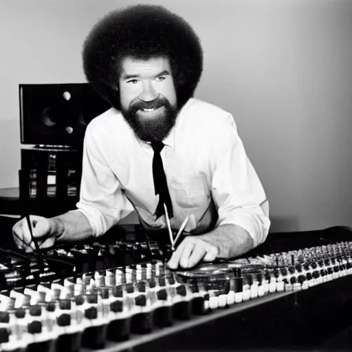 Prompt: Bob Ross as a producer, mixing his snare, studio