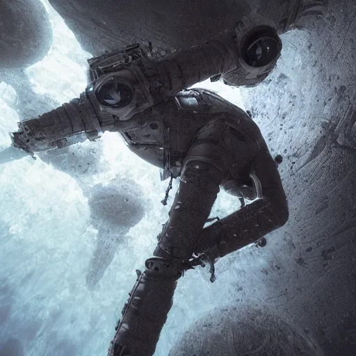 Prompt: concept art by craig mullins diver astronaut in underwater futuristic dark and empty spaceship. infrared complex and hyperdetailed technical suit design. mandelbulb fractal. reflection and dispersion materials rays and dispersion of light breaking through the deep water. 5 0 mm, f / 3 2. noise film photo. high contrast. flash photography