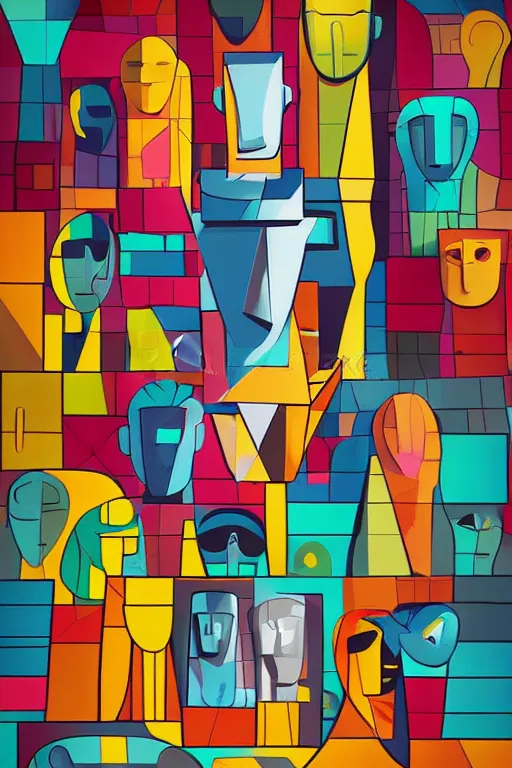 Image similar to cubist moai statue cutout digital illustration cartoon colorful beeple