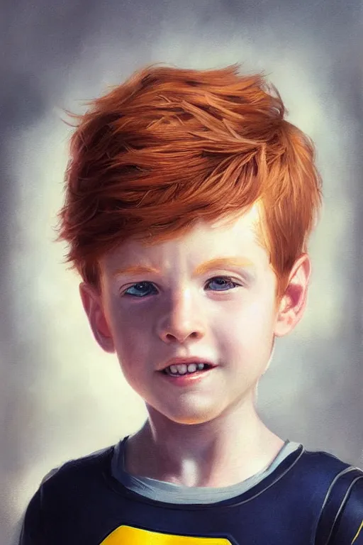 Image similar to a little boy with a michievous face and ginger hair. he is dressed as a superhero. clean elegant painting, beautiful detailed face. by artgerm and greg rutkowski