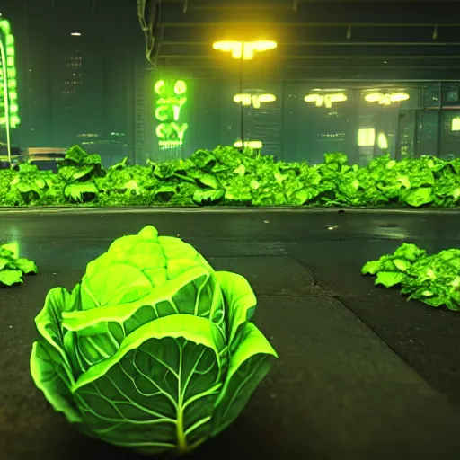 Image similar to cabbage city, acid render very cute money cabbage, leaves as dollars!! glow, light kale! incorporated speakers!, cyberpunk highly detailed, unreal engine cinematic smooth, in the style of blade runner & detective pikachu, hannah yata charlie immer, moody light, low angle, uhd 8 k, sharp focus